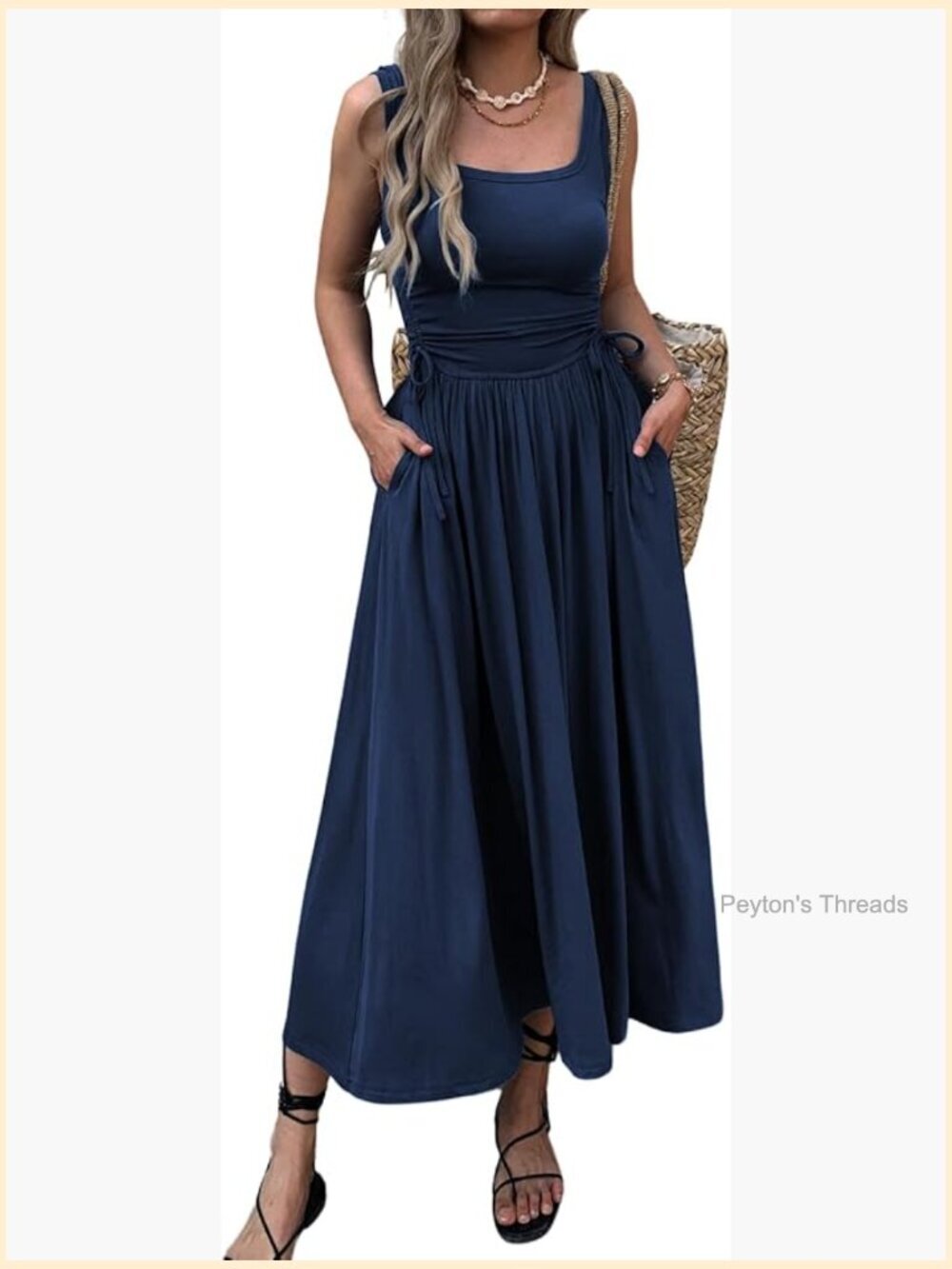 Boho Summer Maxi Dress with Pockets, Adjustable Waist, Sleeveless Ruched